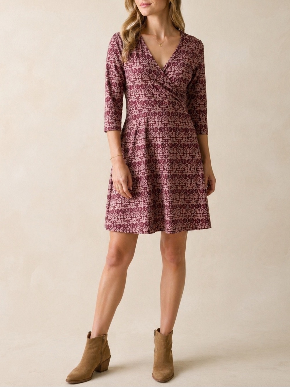 Prana Dazzle 3/4 Sleeve Dress Port Batik Twist Front M Boho Travel Knit